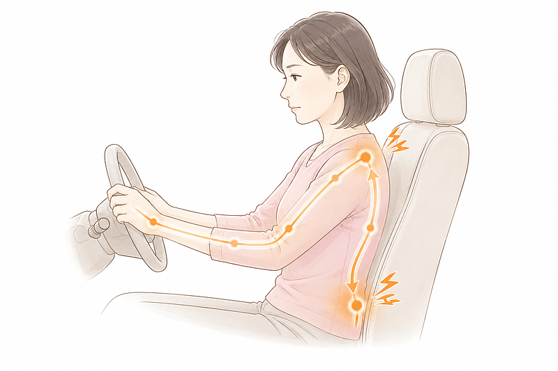 運転中に手・腕・肩・背中へ入った緊張が、腰へ伝わっていく様子を表した挿絵です。長時間運転では、座り姿勢だけでなく、集中による無意識の力みも腰痛の原因になりやすいことを示しています。