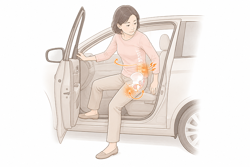 車から降りる時に、体をひねりながら立ち上がることで腰へ負担が集中する様子を示した挿絵です。長時間の車移動後に、降りた瞬間や歩き出しで腰が痛くなる理由を視覚的に説明しています。