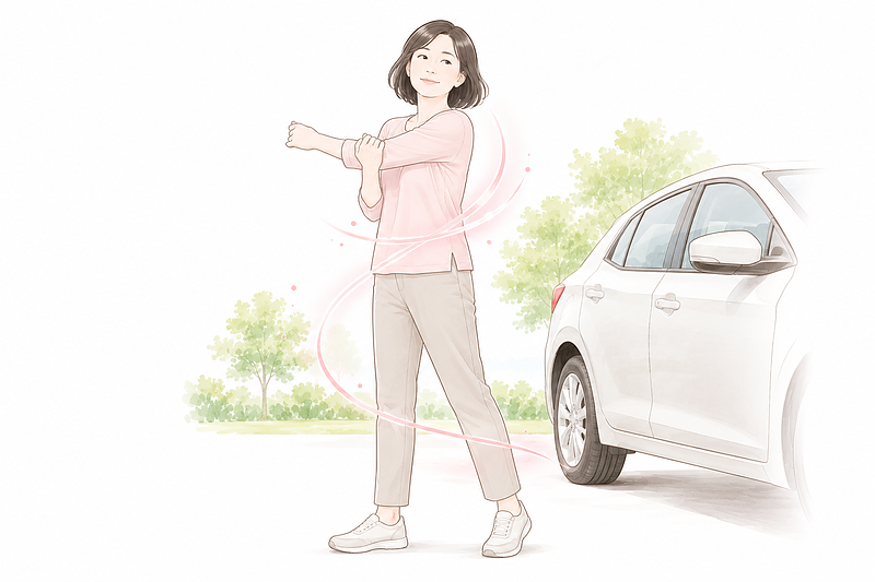 車の横で40〜50代女性が軽く体を動かし、長時間座ったことで固まった体を整えている様子を表した挿絵です。腰痛予防には、痛くなってからではなく、固まりきる前に休憩して動くことが大切であることを伝える画像です。