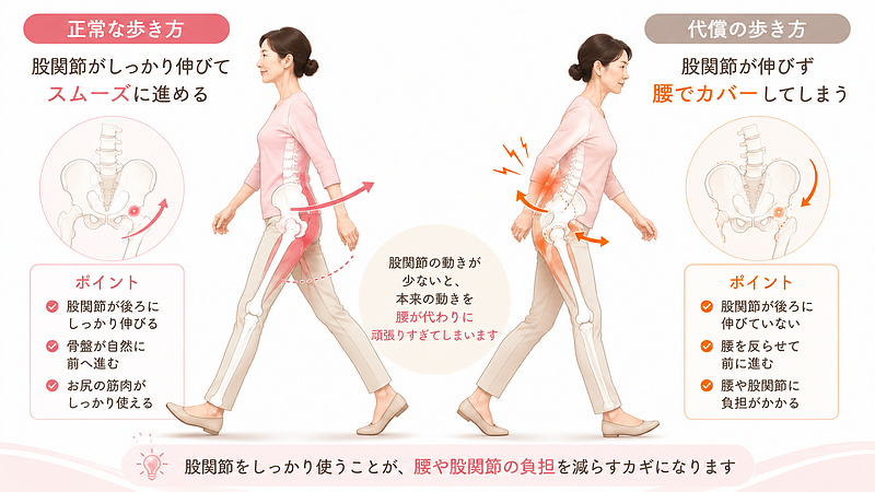 正常な歩き方と、股関節が硬くなって腰で代償している歩き方を比較した図解です。 股関節が後ろへしっかり伸びると体はスムーズに前へ進みますが、股関節の動きが少ないと、腰を反らせて前に進もうとするため、腰や股関節に負担がかかりやすくなります。 「股関節の痛みなのに腰も重くなる理由」が視覚的に分かりやすい画像です。