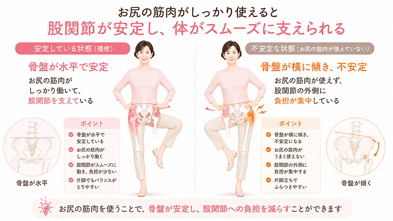 片脚で体を支える時に、お尻の筋肉が股関節と骨盤を安定させていることを説明する図解です。 お尻の筋肉がしっかり働くと骨盤が水平に保たれ、股関節への負担は少なくなります。反対に、お尻の筋肉がうまく使えないと骨盤が横に傾き、股関節の外側へ負担が集中しやすくなります。 歩いたあとに股関節の外側が重い方や、片側だけつらくなる方に伝わりやすい画像です。