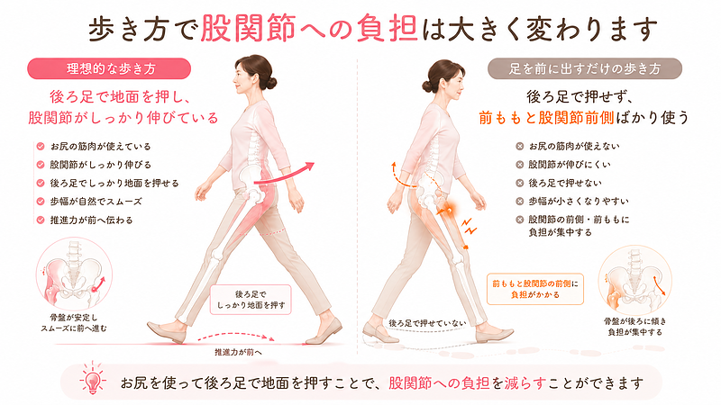 理想的な歩き方と、足を前に出すだけの歩き方を比較した図解です。 本来は後ろ足で地面を押し、股関節がしっかり伸びることで体が前へ進みます。しかし、後ろ足で押せない歩き方になると、前ももや股関節の前側ばかりを使いやすくなります。 連休中に長く歩いたあと、足の付け根や前ももが重くなる理由を説明するのに適した画像です。