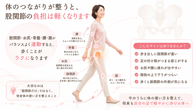 股関節、お尻、骨盤、腰、膝が連動して歩く動作を支えていることをまとめた画像です。 股関節の違和感は、股関節だけの問題ではなく、体全体の使い方やバランスの崩れが関係している場合があります。 最後にこの画像を入れることで、「今よりも悪くなる前に、股関節だけでなく体全体の動きを見直すことが大切」というメッセージを前向きに伝えられます。