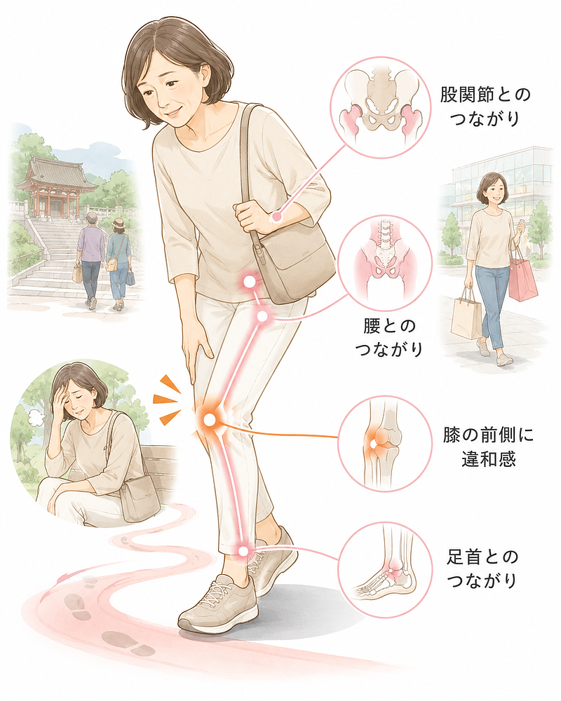 観光や買い物などで普段より長く歩いたあと、膝に負担が蓄積していく様子を表した図解です。膝だけでなく、股関節・足首・腰とのつながりも示すことで、膝の違和感が体全体の使い方と関係していることが伝わる画像です。 観光や買い物などで普段より長く歩いたあと、膝に負担が蓄積していく様子を表した図解です。膝だけでなく、股関節・足首・腰とのつながりも示すことで、膝の違和感が体全体の使い方と関係していることが伝わる画像です。