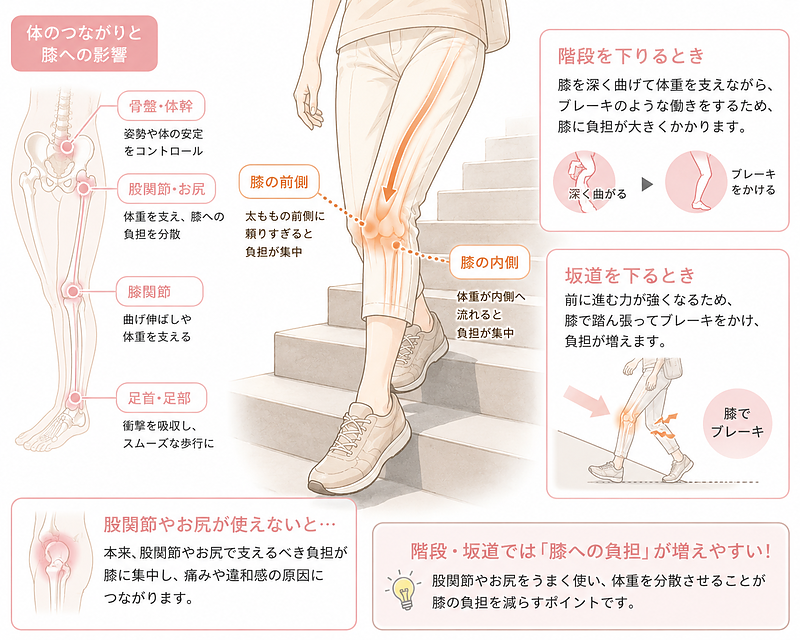 階段を下りる時や坂道を歩く時に、膝へ負担が集中しやすい理由を示した図解です。太ももの前側に力が入りすぎたり、膝でブレーキをかけるような動きになることで、膝の前側や内側に負担がかかることを視覚的に説明しています。 階段を下りる時や坂道を歩く時に、膝へ負担が集中しやすい理由を示した図解です。太ももの前側に力が入りすぎたり、膝でブレーキをかけるような動きになることで、膝の前側や内側に負担がかかることを視覚的に説明しています。