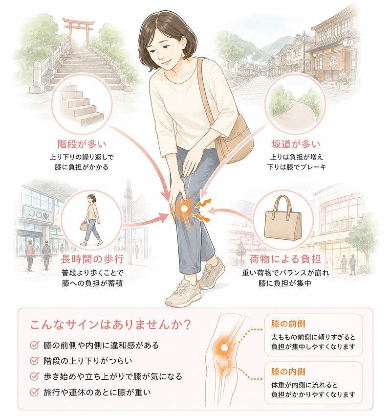神社の石段、温泉地の坂道、駅や商業施設など、連休中に歩く機会が増える場所を背景にしたイラストです。長時間歩行や荷物を持っての移動によって、膝の前側・内側に負担が集まりやすくなることを、やさしい雰囲気で表現しています。 神社の石段、温泉地の坂道、駅や商業施設など、連休中に歩く機会が増える場所を背景にしたイラストです。長時間歩行や荷物を持っての移動によって、膝の前側・内側に負担が集まりやすくなることを、やさしい雰囲気で表現しています。