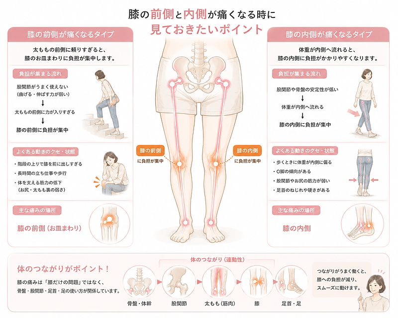 膝の前側が痛くなる場合と、膝の内側が痛くなる場合の違いをわかりやすく示した図解です。太ももの前側に頼りすぎる動きや、体重が内側へ流れるクセが、膝への負担につながることを表しています。 膝の前側が痛くなる場合と、膝の内側が痛くなる場合の違いをわかりやすく示した図解です。太ももの前側に頼りすぎる動きや、体重が内側へ流れるクセが、膝への負担につながることを表しています。