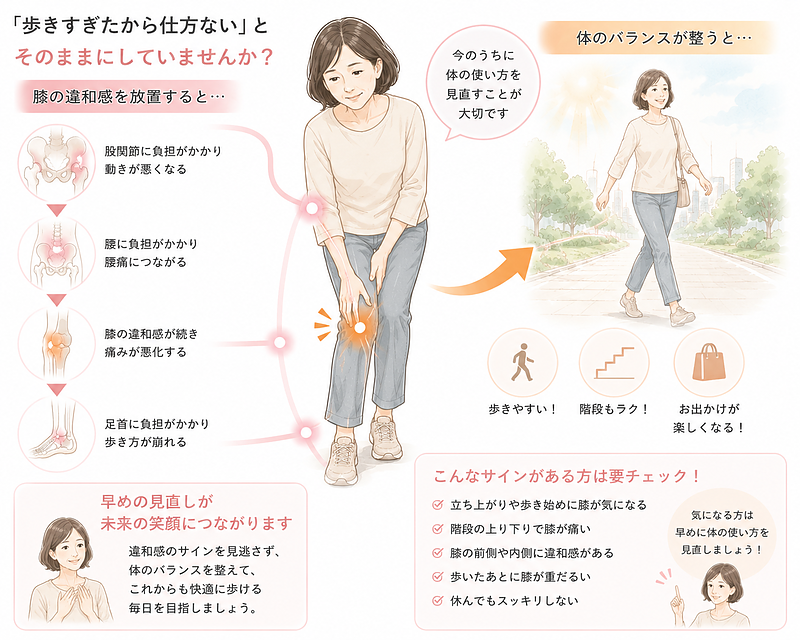 膝の違和感を「歩きすぎただけ」と放置せず、早めに体の使い方を見直す大切さを表した画像です。膝の負担が腰・股関節・足首にも影響する可能性を示しながら、体を整えることで歩きやすい未来につながることを前向きに表現しています。 膝の違和感を「歩きすぎただけ」と放置せず、早めに体の使い方を見直す大切さを表した画像です。膝の負担が腰・股関節・足首にも影響する可能性を示しながら、体を整えることで歩きやすい未来につながることを前向きに表現しています。