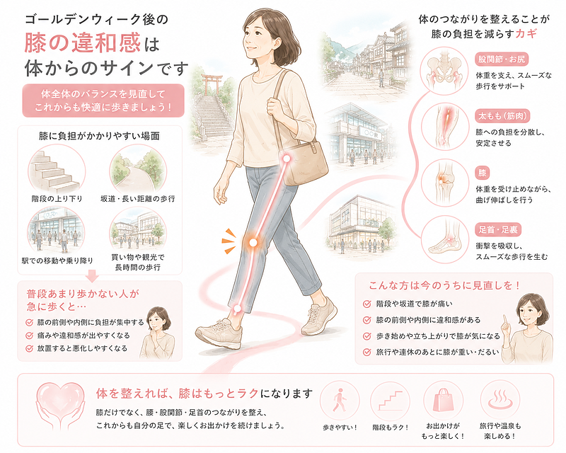 腰・股関節・膝・足首が連動しながら歩行を支えていることをまとめた図解です。連休後の膝の違和感は、膝だけでなく体全体のバランスを見直すサインであることを伝える、記事のまとめに適した画像です。 腰・股関節・膝・足首が連動しながら歩行を支えていることをまとめた図解です。連休後の膝の違和感は、膝だけでなく体全体のバランスを見直すサインであることを伝える、記事のまとめに適した画像です。