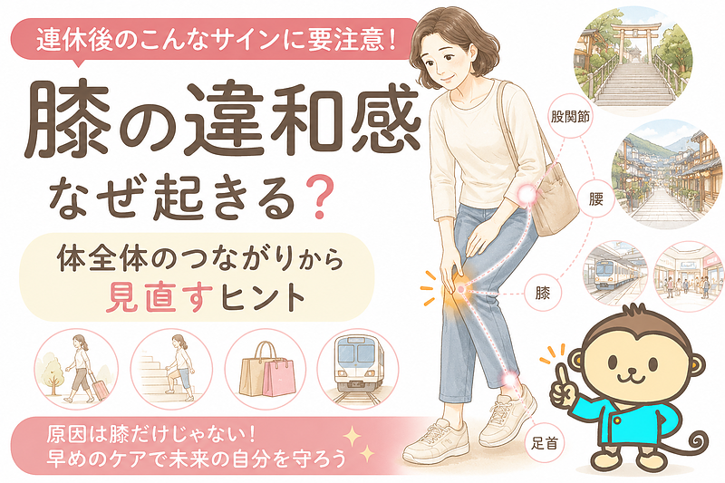 ゴールデンウイークや連休後に膝の違和感が出る理由を、体全体のつながりから伝えるサムネイル画像です。 ゴールデンウイークや連休後に膝の違和感が出る理由を、体全体のつながりから伝えるサムネイル画像です。