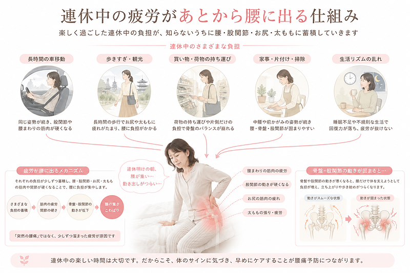 ゴールデンウィーク中の長時間の車移動、歩きすぎ、買い物、観光、家事などによる疲労が、連休明けの腰痛や朝の腰の固まりとして現れる流れをまとめた図解です。腰だけでなく、股関節・骨盤・お尻・太ももの疲労が蓄積し、動き出しの重さや立ち上がりのつらさにつながることを視覚的に説明しています。