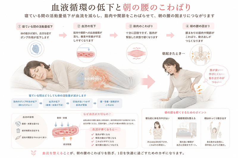 寝ている間の活動量低下によって血液循環が悪くなり、腰まわりの筋肉や関節がこわばりやすくなる仕組みを解説した図解です。睡眠中に体が十分に回復しきれないと、朝起きた時に腰が重い、伸びにくい、動き出しがつらいといった症状につながることを、血流と筋緊張の関係からわかりやすく表現しています。