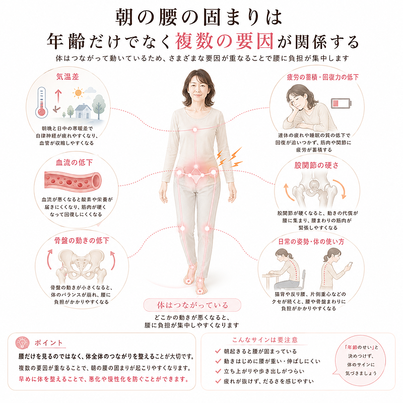朝の腰の固まりが、年齢だけでなく、気温差、疲労の蓄積、血流低下、股関節の硬さ、骨盤の動き、日常姿勢など複数の要因によって起こることを説明した図解です。腰・骨盤・股関節・膝・足元まで体全体がつながって動いていることを示し、腰痛を腰だけの問題として見ない重要性を伝えています。