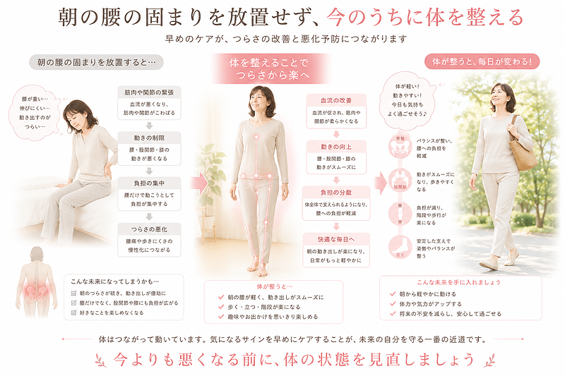 朝の腰の固まりを放置せず、早めに体の状態を見直すことの大切さを伝えるまとめ用図解です。腰・骨盤・股関節・膝・足元のつながりを整えることで、朝の動き出しや歩き出しがスムーズになり、腰痛の慢性化や悪化予防につながることを、前向きで安心感のあるデザインで表現しています。