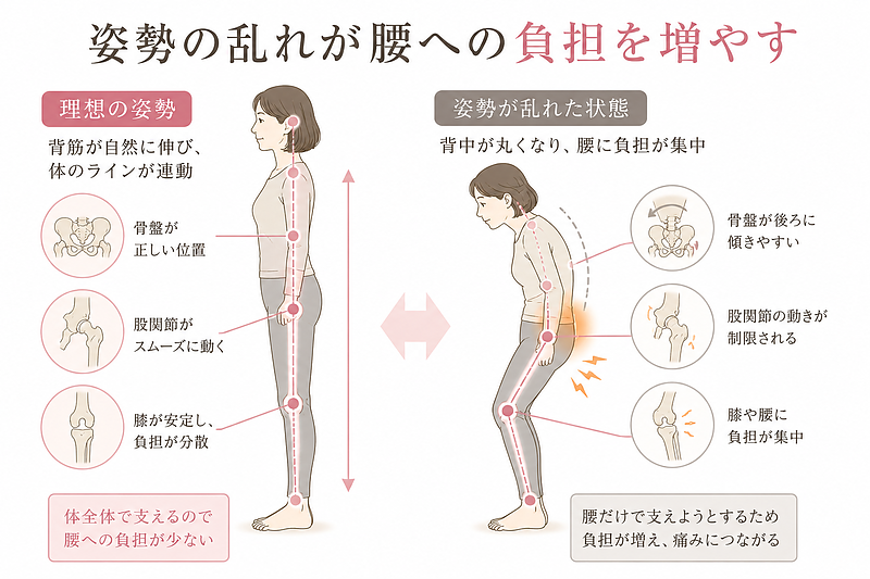 正しい姿勢と姿勢が崩れた状態を比較し、背中の丸まりや骨盤の傾きが腰への負担を増やす仕組みを解説した図解です。腰痛は腰だけの問題ではなく、骨盤・股関節・膝の連動が崩れることで起こりやすくなることを視覚的に説明しています。