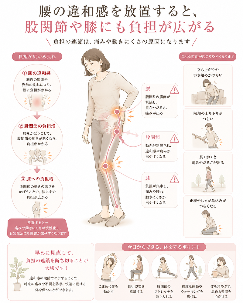腰の違和感を放置すると、股関節や膝にも負担が広がり、立ち上がり・階段・長く歩く動作に影響しやすくなることを示した図解です。腰痛を早めに見直すことが、股関節痛や膝痛の予防にもつながることをわかりやすく伝えています。
