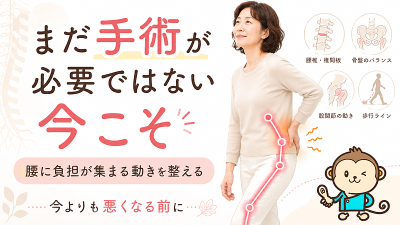 腰椎椎間板ヘルニアと診断されたものの、まだ手術が必要ではない方に向けて、腰に負担が集まる体の使い方を見直す重要性を伝えるサムネイル画像です。腰だけでなく、骨盤・股関節・膝のつながりを意識して整えることで、今よりも悪くなる前に体を見直す必要性をわかりやすく表現しています。