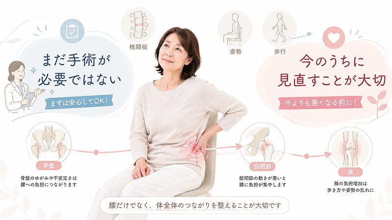 腰椎椎間板ヘルニアで「まだ手術が必要ではない」と言われた方に向けて、安心するだけでなく、今のうちに体の使い方を見直す大切さを表した図解です。腰・骨盤・股関節・膝のつながりを示し、症状が悪化する前に整える重要性を専門的かつわかりやすく伝えています。
