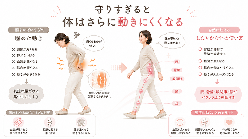 腰椎椎間板ヘルニアによる痛みを怖がって腰をかばいすぎると、姿勢が丸まり、歩幅が小さくなり、腰まわりの筋肉や関節がさらに硬くなることがあります。この図解では、腰を守りすぎた動きと、股関節や脚を使った自然な動きを比較し、適切に体を動かす大切さを伝えています。
