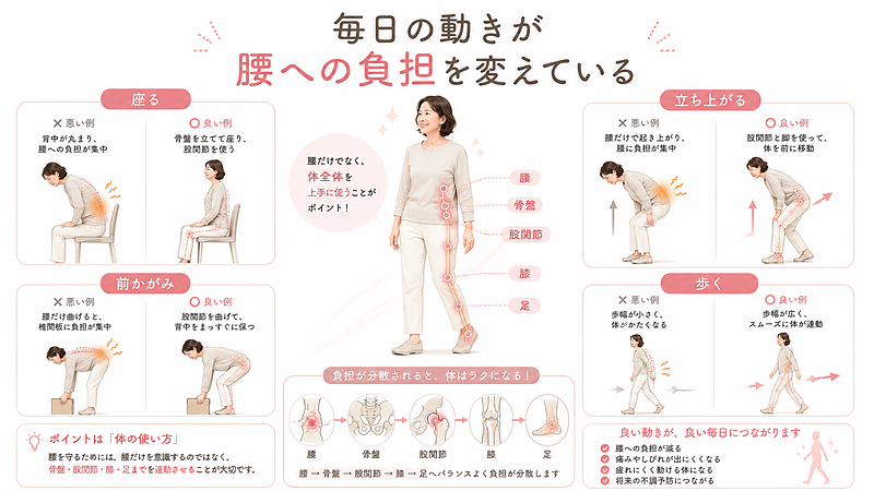 座る・立ち上がる・歩く・前かがみといった毎日の動作は、腰椎椎間板ヘルニアの症状に大きく関係します。この図解では、腰だけに負担が集中する動きと、骨盤・股関節・膝・足を使って負担を分散する動きを比較し、日常生活で腰を守るための体の使い方をわかりやすく整理しています。