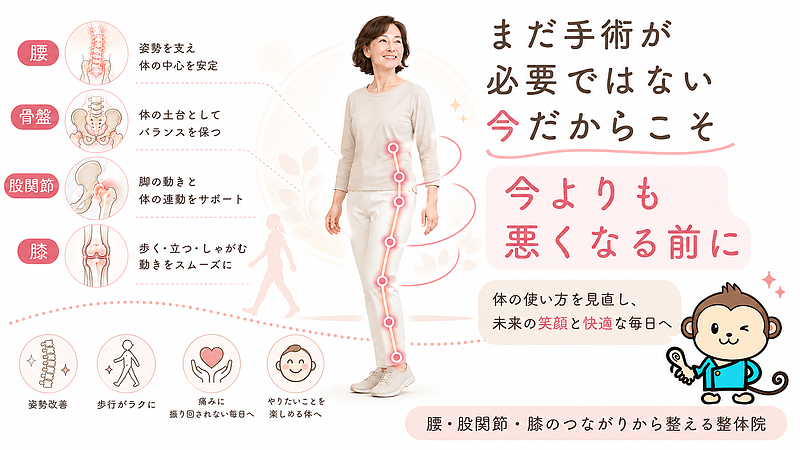 腰椎椎間板ヘルニアでまだ手術が必要ではない段階だからこそ、今よりも悪くなる前に体の使い方を見直すことが大切です。腰・骨盤・股関節・膝が連動して整っていくイメージを通して、腰だけでなく体全体のつながりから症状の悪化予防を考える整体院の方針を表現しています。