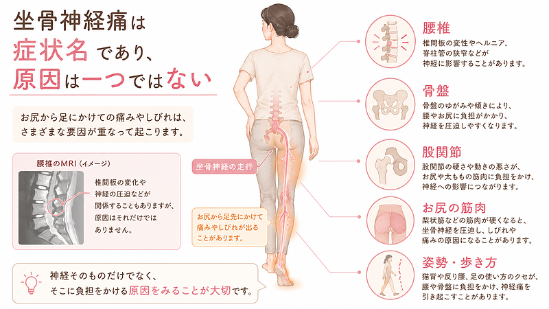 坐骨神経痛は、お尻から太もも、ふくらはぎ、足先にかけて痛みやしびれが出る症状名です。原因は腰椎だけでなく、骨盤の傾き、股関節の硬さ、お尻の筋肉の緊張、姿勢や歩き方のクセなど、さまざまな要素が関係します。神経そのものだけを見るのではなく、神経に負担をかけている体の状態を確認することが大切です。