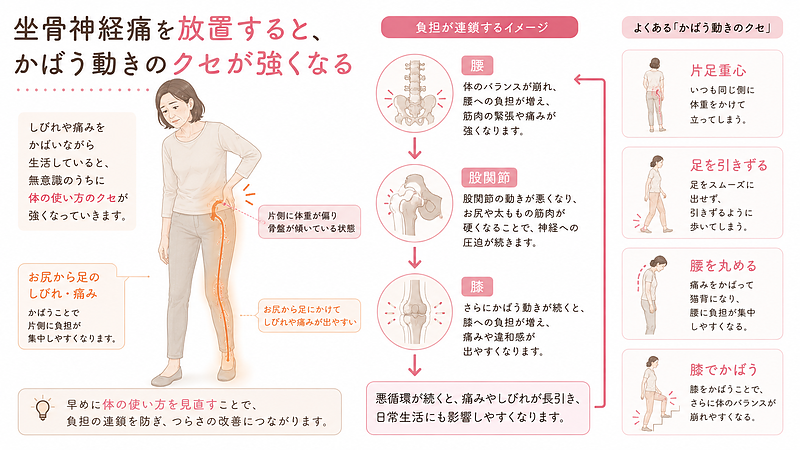 坐骨神経痛によるしびれや痛みを我慢していると、無意識に片足重心になったり、足を引きずったり、腰を丸めたりすることがあります。このようなかばう動きが続くと、腰・股関節・膝への負担が増え、痛みやしびれが長引きやすくなります。早めに体の使い方を見直すことが、悪化予防につながります。