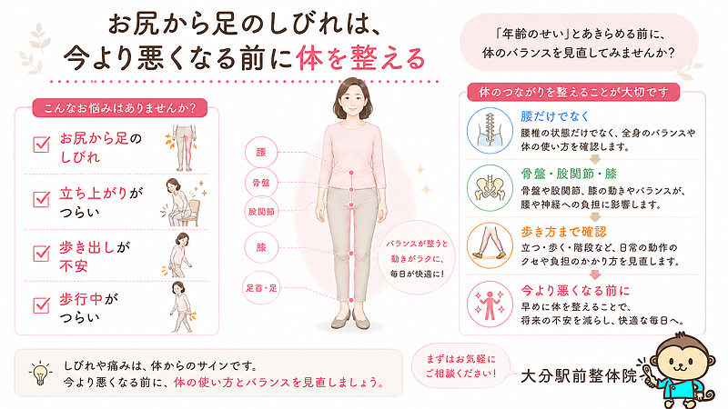 お尻から足のしびれ、立ち上がりのつらさ、歩き出しの不安、歩行中の痛みは、体からのサインかもしれません。大分駅前整体院では、腰だけでなく、骨盤・股関節・膝・歩き方まで確認し、坐骨神経に負担がかかりにくい体づくりを目指します。今より悪くなる前に、体の使い方とバランスを見直しましょう。