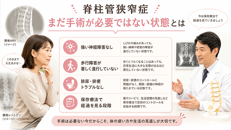 脊柱管狭窄症で「まだ手術が必要ではない」と言われた状態について、医学的な判断の目安をわかりやすく整理した図解です。強い神経障害や排尿・排便トラブルがなく、保存療法で経過を見る段階であることを、MRIやレントゲンのイメージとともに説明しています。