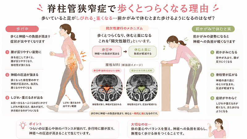 脊柱管狭窄症で歩くと足が重くなる、しびれる、休むと楽になるといった間欠性跛行の仕組みをわかりやすくまとめた図解です。歩行中に腰が反り、神経への圧迫が高まりやすくなる一方で、前かがみになると負担が軽くなりやすい理由を視覚的に説明しています。