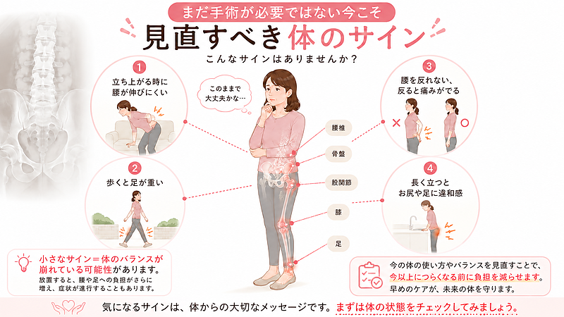立ち上がる時に腰が伸びにくい、歩くと足が重い、腰を反ると痛い、長く立つとお尻や足に違和感が出るなど、脊柱管狭窄症の方が見逃しやすい体のサインをまとめた図解です。小さな違和感は、体のバランスが崩れている可能性を示す大切なサインであることを伝えています。
