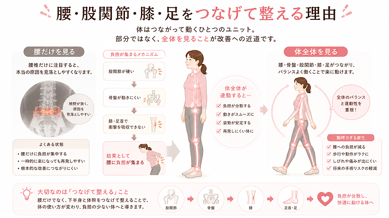 脊柱管狭窄症の症状を腰だけで判断するのではなく、股関節・骨盤・膝・足首まで含めて体全体を見直す重要性を示した図解です。股関節の硬さや骨盤の動きにくさ、膝や足首の衝撃吸収の低下が、結果として腰への負担につながる流れを説明しています。