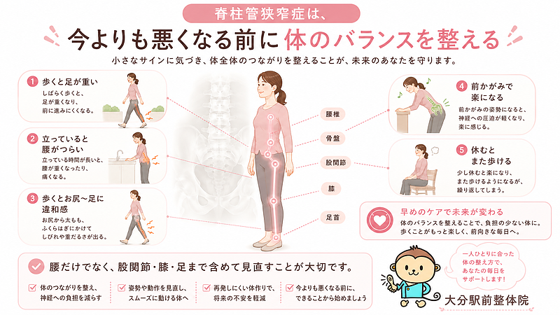 脊柱管狭窄症で歩くと足が重い、立っていると腰がつらい、前かがみで楽になる、休むとまた歩けるといった症状サインをまとめた図解です。腰だけでなく、股関節・膝・足まで含めて体のバランスを整えることが、今よりも悪くなる前の対策につながることを表現しています。