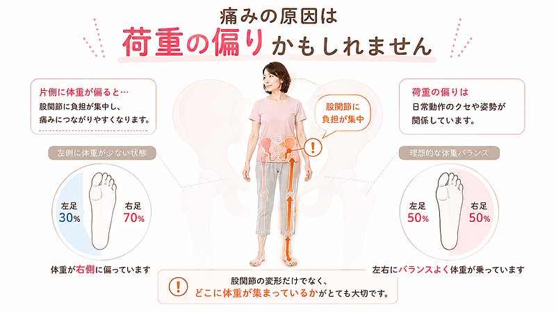 変形性股関節症では、股関節の変形だけでなく、日常生活の中でどちらの足に体重が偏っているかも大切なポイントです。片側に荷重が集中すると、股関節への負担が増え、痛みや違和感につながりやすくなります。 変形性股関節症では、股関節の変形だけでなく、日常生活の中でどちらの足に体重が偏っているかも大切なポイントです。片側に荷重が集中すると、股関節への負担が増え、痛みや違和感につながりやすくなります。