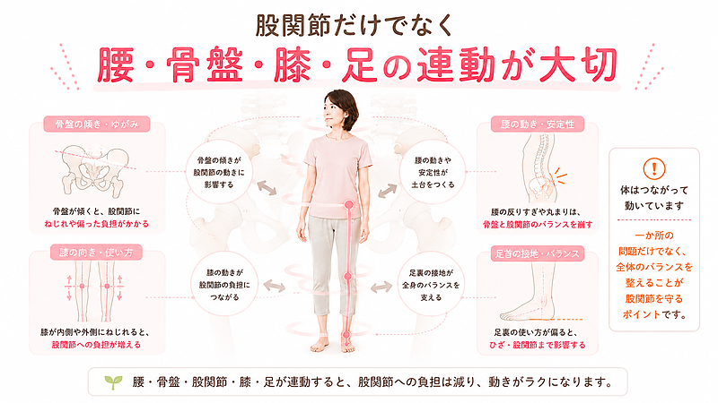 股関節の負担は、股関節だけで決まるわけではありません。腰の動き、骨盤の傾き、膝の向き、足裏の接地が連動することで、股関節にかかる負担は大きく変わります。体全体のつながりを整えることが大切です。 股関節の負担は、股関節だけで決まるわけではありません。腰の動き、骨盤の傾き、膝の向き、足裏の接地が連動することで、股関節にかかる負担は大きく変わります。体全体のつながりを整えることが大切です。