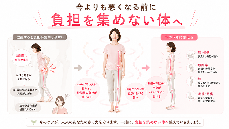 今よりも悪くなる前に大切なのは、股関節へ負担を集めない体へ整えていくことです。痛みを我慢して動き続けるのではなく、腰・骨盤・股関節・膝・足首が自然に連動する状態を目指すことが、将来の不安を減らす一歩になります。 今よりも悪くなる前に大切なのは、股関節へ負担を集めない体へ整えていくことです。痛みを我慢して動き続けるのではなく、腰・骨盤・股関節・膝・足首が自然に連動する状態を目指すことが、将来の不安を減らす一歩になります。