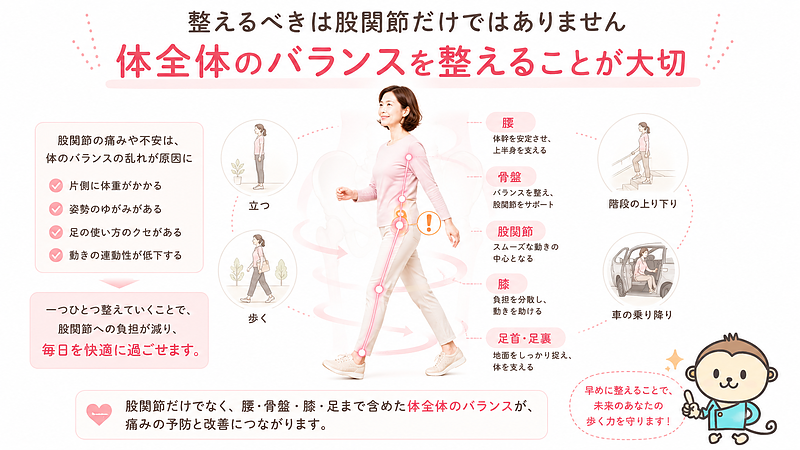 変形性股関節症と言われた方は、股関節だけを気にするのではなく、立つ・歩く・階段・車の乗り降りといった日常動作を含めて体全体のバランスを見直すことが大切です。早めに整えることで、股関節への負担を減らし、動きやすい体づくりにつながります。 変形性股関節症と言われた方は、股関節だけを気にするのではなく、立つ・歩く・階段・車の乗り降りといった日常動作を含めて体全体のバランスを見直すことが大切です。早めに整えることで、股関節への負担を減らし、動きやすい体づくりにつながります。