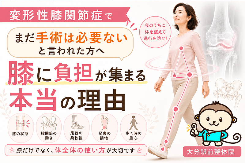 変形性膝関節症で「まだ手術は必要ない」と言われた方に向けて、膝に負担が集まる本当の理由を伝えるサムネイルです。膝の痛みを膝だけの問題として見るのではなく、股関節・足首・足裏・歩く時の重心など、体全体の使い方から見直す大切さを表現しています。大分駅前整体院の専門性と、今のうちに体を整える前向きなメッセージが伝わる画像です。 変形性膝関節症で「まだ手術は必要ない」と言われた方に向けて、膝に負担が集まる本当の理由を伝えるサムネイルです。膝の痛みを膝だけの問題として見るのではなく、股関節・足首・足裏・歩く時の重心など、体全体の使い方から見直す大切さを表現しています。大分駅前整体院の専門性と、今のうちに体を整える前向きなメッセージが伝わる画像です。