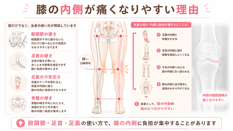 膝の内側に痛みが出る背景には、膝そのものだけでなく、股関節の硬さ、足首の動き、足裏の接地、骨盤の傾きなどが関係することがあります。体重のかかり方が内側へ偏ると、膝の内側に負担が集中しやすくなり、痛みや違和感につながるため、下半身全体のバランスを確認することが重要です。 膝の内側に痛みが出る背景には、膝そのものだけでなく、股関節の硬さ、足首の動き、足裏の接地、骨盤の傾きなどが関係することがあります。体重のかかり方が内側へ偏ると、膝の内側に負担が集中しやすくなり、痛みや違和感につながるため、下半身全体のバランスを確認することが重要です。