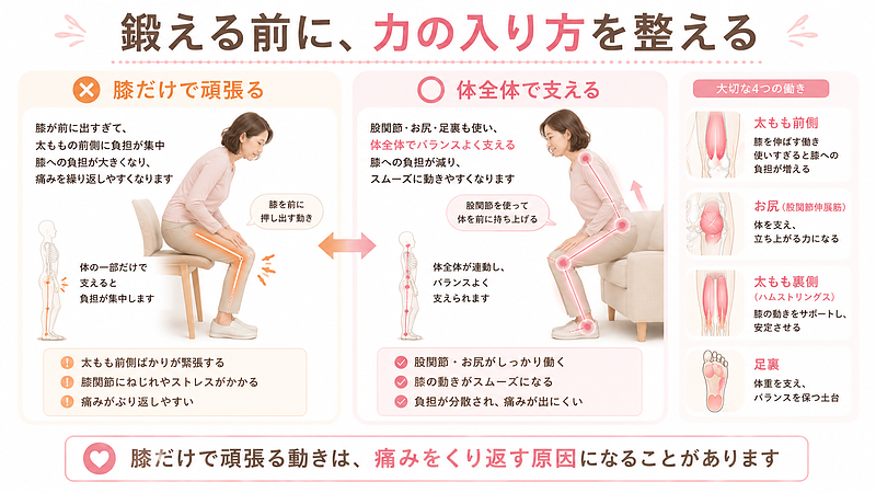変形性膝関節症では、筋力不足だけでなく、力の入り方の偏りも重要です。膝だけで立ち上がろうとすると、太ももの前側や膝前面に負担が集中し、痛みをくり返しやすくなります。股関節・お尻・足裏を使い、体全体で支える動きに整えることで、膝への負担を分散しやすくなります。 変形性膝関節症では、筋力不足だけでなく、力の入り方の偏りも重要です。膝だけで立ち上がろうとすると、太ももの前側や膝前面に負担が集中し、痛みをくり返しやすくなります。股関節・お尻・足裏を使い、体全体で支える動きに整えることで、膝への負担を分散しやすくなります。
