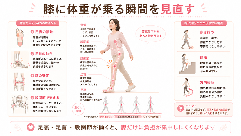膝の痛みは、歩き始めや階段、方向転換など、膝に体重が乗る瞬間に出やすい傾向があります。足裏の接地、足首の動き、膝の安定、股関節の支えがうまく連動すると、膝だけに負担が集中しにくくなります。膝の痛みを考える時は、歩く動作の中で体重がどう流れているかを見ることが大切です。 膝の痛みは、歩き始めや階段、方向転換など、膝に体重が乗る瞬間に出やすい傾向があります。足裏の接地、足首の動き、膝の安定、股関節の支えがうまく連動すると、膝だけに負担が集中しにくくなります。膝の痛みを考える時は、歩く動作の中で体重がどう流れているかを見ることが大切です。