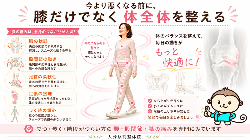 変形性膝関節症は、膝だけを見ていても原因が見えにくいことがあります。膝の状態に加えて、股関節の動き、足首の柔軟性、足裏の接地、歩く時の重心などを整えることで、膝に負担が集まりにくい体を目指します。今より悪くなる前に、膝だけでなく体全体のバランスを見直すことが大切です。 変形性膝関節症は、膝だけを見ていても原因が見えにくいことがあります。膝の状態に加えて、股関節の動き、足首の柔軟性、足裏の接地、歩く時の重心などを整えることで、膝に負担が集まりにくい体を目指します。今より悪くなる前に、膝だけでなく体全体のバランスを見直すことが大切です。