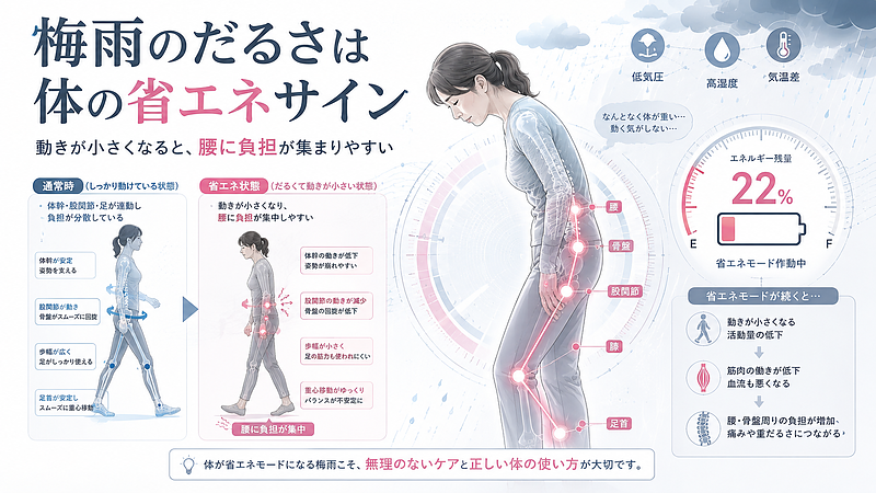 梅雨のだるさによって体が省エネ状態になり、動きが小さくなることで腰に負担が集まりやすくなる仕組みを示した図解です。体幹・股関節・足の連動が低下すると、歩幅や骨盤の動きも小さくなり、腰まわりに重さや違和感が出やすくなります。梅雨時期の腰痛を、天気だけでなく体全体の使い方から見直すことの大切さを表しています。 梅雨のだるさによって体が省エネ状態になり、動きが小さくなることで腰に負担が集まりやすくなる仕組みを示した図解です。体幹・股関節・足の連動が低下すると、歩幅や骨盤の動きも小さくなり、腰まわりに重さや違和感が出やすくなります。梅雨時期の腰痛を、天気だけでなく体全体の使い方から見直すことの大切さを表しています。