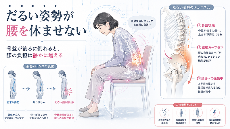 梅雨のだるさで姿勢が崩れ、骨盤が後ろに倒れることで腰への負担が増える流れを解説した図解です。背中が丸くなり腰椎の自然なカーブが低下すると、座って休んでいるつもりでも腰は支え続ける状態になります。立ち上がり時の腰の重さや、長時間座った後の腰痛が気になる方に向けた説明画像です。 梅雨のだるさで姿勢が崩れ、骨盤が後ろに倒れることで腰への負担が増える流れを解説した図解です。背中が丸くなり腰椎の自然なカーブが低下すると、座って休んでいるつもりでも腰は支え続ける状態になります。立ち上がり時の腰の重さや、長時間座った後の腰痛が気になる方に向けた説明画像です。