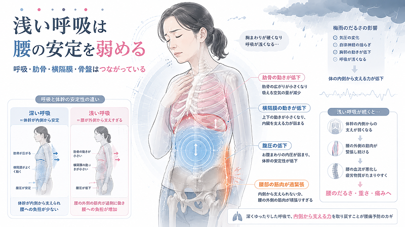 浅い呼吸と腰の安定性の関係を示した医学的図解です。梅雨のだるさや自律神経の乱れによって呼吸が浅くなると、肋骨や横隔膜の動きが小さくなり、体幹を内側から支える力が低下しやすくなります。その結果、腰まわりの筋肉が過剰に頑張り、腰の重さや痛みにつながる可能性があります。 浅い呼吸と腰の安定性の関係を示した医学的図解です。梅雨のだるさや自律神経の乱れによって呼吸が浅くなると、肋骨や横隔膜の動きが小さくなり、体幹を内側から支える力が低下しやすくなります。その結果、腰まわりの筋肉が過剰に頑張り、腰の重さや痛みにつながる可能性があります。