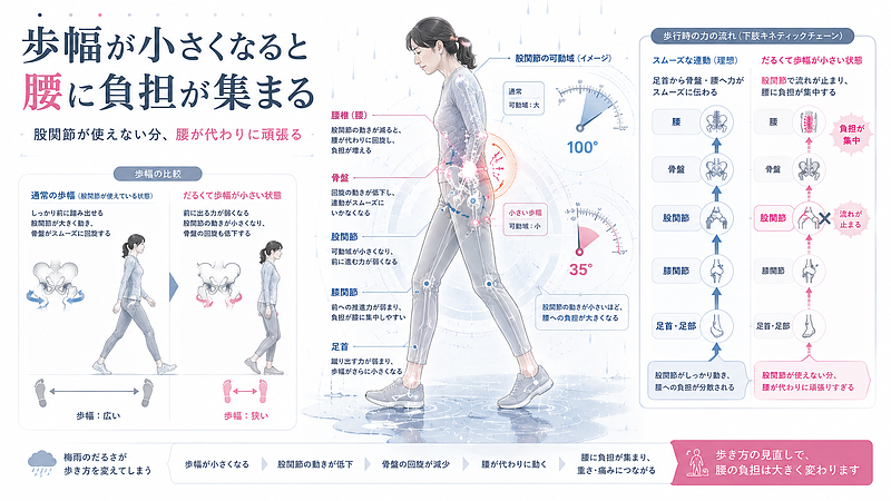 梅雨のだるさで歩幅が小さくなると、股関節が十分に使われず、腰に負担が集まりやすくなる仕組みを示した歩行分析図解です。足首・膝・股関節・骨盤・腰の連動が乱れると、股関節で分散されるはずの負担が腰へ集中しやすくなります。歩き始めの腰痛や、長く歩くと腰が重くなる方に向けた内容です。 梅雨のだるさで歩幅が小さくなると、股関節が十分に使われず、腰に負担が集まりやすくなる仕組みを示した歩行分析図解です。足首・膝・股関節・骨盤・腰の連動が乱れると、股関節で分散されるはずの負担が腰へ集中しやすくなります。歩き始めの腰痛や、長く歩くと腰が重くなる方に向けた内容です。