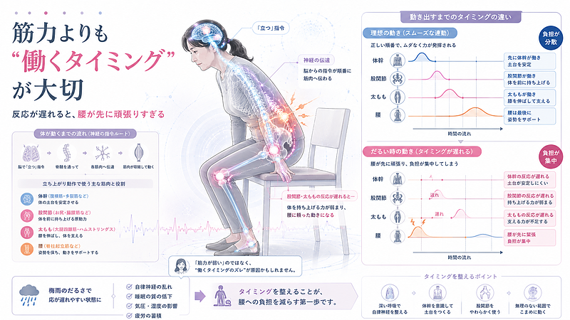 体がだるい時に起こりやすい、筋肉の働くタイミングの遅れを解説した図解です。立ち上がる動作では、体幹・股関節・太もも・腰が順番に働くことが大切ですが、梅雨のだるさで反応が遅れると腰が先に頑張りすぎることがあります。筋力だけでなく、体全体の連動を整える重要性を表しています。 体がだるい時に起こりやすい、筋肉の働くタイミングの遅れを解説した図解です。立ち上がる動作では、体幹・股関節・太もも・腰が順番に働くことが大切ですが、梅雨のだるさで反応が遅れると腰が先に頑張りすぎることがあります。筋力だけでなく、体全体の連動を整える重要性を表しています。