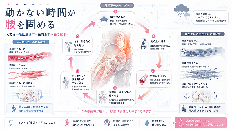 梅雨のだるさから活動量が低下し、血流低下や筋肉の硬さにつながる悪循環を示した図解です。動かない時間が長くなると、股関節や腰まわりの柔軟性が落ち、立ち上がりや歩き出しのつらさが出やすくなります。腰痛の慢性化を防ぐためには、無理なく体を動かし、血流と関節の動きを保つことが大切です。 梅雨のだるさから活動量が低下し、血流低下や筋肉の硬さにつながる悪循環を示した図解です。動かない時間が長くなると、股関節や腰まわりの柔軟性が落ち、立ち上がりや歩き出しのつらさが出やすくなります。腰痛の慢性化を防ぐためには、無理なく体を動かし、血流と関節の動きを保つことが大切です。