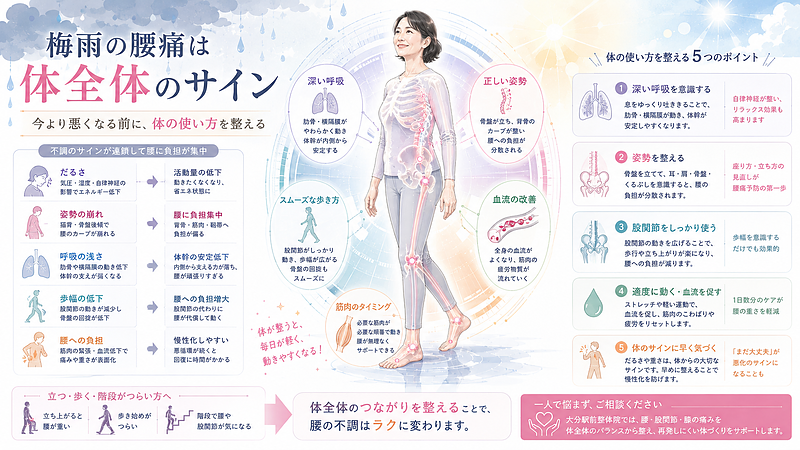 梅雨の腰痛を、だるさ・姿勢の崩れ・浅い呼吸・歩幅低下・血流低下など体全体のサインとしてまとめた図解です。腰だけに注目するのではなく、骨盤・股関節・膝・足首のつながりや体の使い方を整えることで、腰への負担を減らしやすくなります。今より悪くなる前に体を見直す大切さを伝えるまとめ画像です。 梅雨の腰痛を、だるさ・姿勢の崩れ・浅い呼吸・歩幅低下・血流低下など体全体のサインとしてまとめた図解です。腰だけに注目するのではなく、骨盤・股関節・膝・足首のつながりや体の使い方を整えることで、腰への負担を減らしやすくなります。今より悪くなる前に体を見直す大切さを伝えるまとめ画像です。
