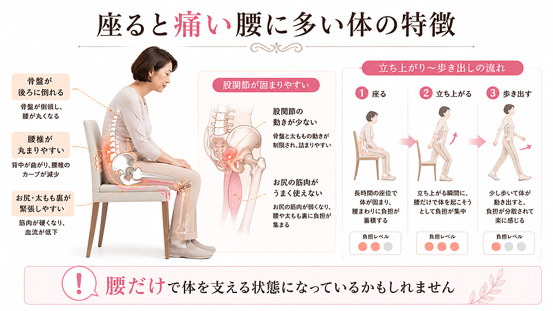 座ると腰が痛く、歩くと楽になる人に多い体の特徴をまとめた専門図解です。骨盤が後ろに倒れる姿勢、腰椎の丸まり、股関節の硬さ、お尻や太もも裏の緊張が、立ち上がり時の腰への負担につながる流れを説明しています。
